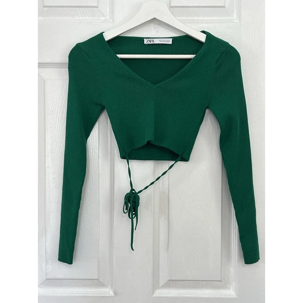 Zara Green Ribbed Cutout Tie Waist Crop Top Size S Coquette Y2K Party Night Out